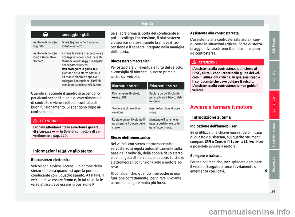 Seat Alhambra 2017 Manuale del proprietario (in Italian) Guida
Lampeggia in giallo
Piantone dello ster-
zo girato.Girare leggermente il volante
avanti e indietro.
Piantone dello ster-
zo non sbloccato o
bloccato.Estrarre la chiave di accensione e
ricolle Seat Alhambra 2017 Manuale del proprietario (in Italian) Guida
Lampeggia in giallo
Piantone dello ster-
zo girato.Girare leggermente il volante
avanti e indietro.
Piantone dello ster-
zo non sbloccato o
bloccato.Estrarre la chiave di accensione e
ricolle