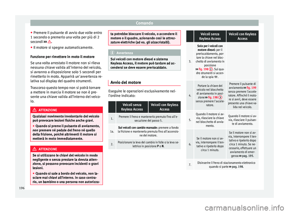 Seat Alhambra 2017 Manuale del proprietario (in Italian) Comando
● Pr emer
e i
l pulsante di avvio due volte entro
1 secondo o premerlo una volta per più di 2
secondi ››› .
● Il motore si spegne automaticamente.
F u
n
zione per rimettere in mo Seat Alhambra 2017 Manuale del proprietario (in Italian) Comando
● Pr emer
e i
l pulsante di avvio due volte entro
1 secondo o premerlo una volta per più di 2
secondi ››› .
● Il motore si spegne automaticamente.
F u
n
zione per rimettere in mo