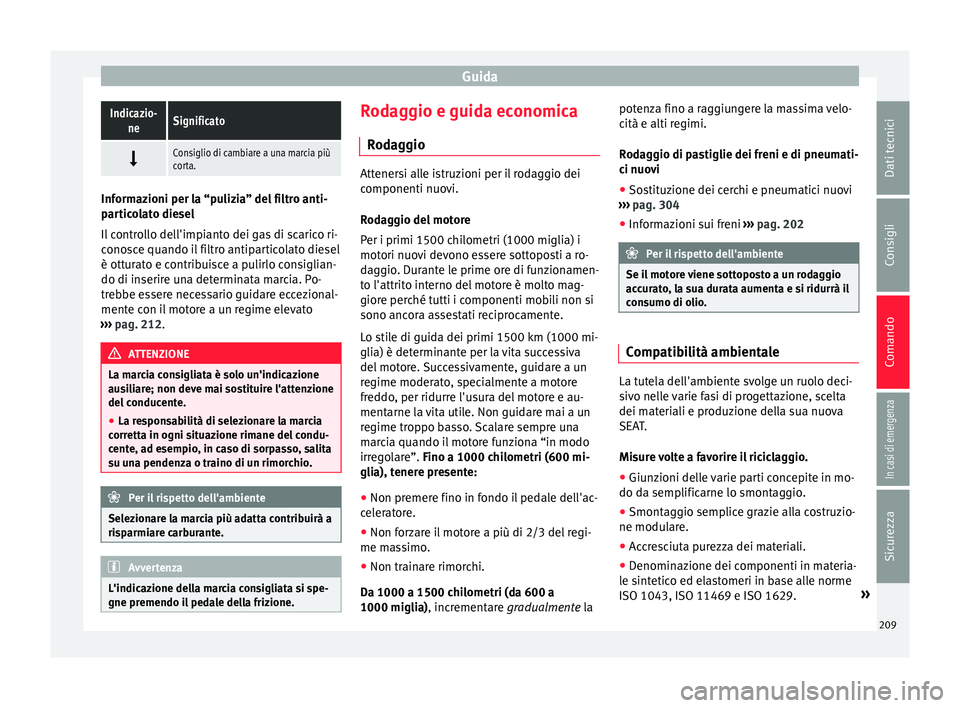 Seat Alhambra 2017 Manuale del proprietario (in Italian) GuidaIndicazio-
neSignificato
Consiglio di cambiare a una marcia più
corta.
Informazioni per la “pulizia” del filtro anti-
par
tic
olato diesel
Il controllo dell'impianto dei gas di scar Seat Alhambra 2017 Manuale del proprietario (in Italian) GuidaIndicazio-
neSignificato
Consiglio di cambiare a una marcia più
corta.
Informazioni per la “pulizia” del filtro anti-
par
tic
olato diesel
Il controllo dell'impianto dei gas di scar