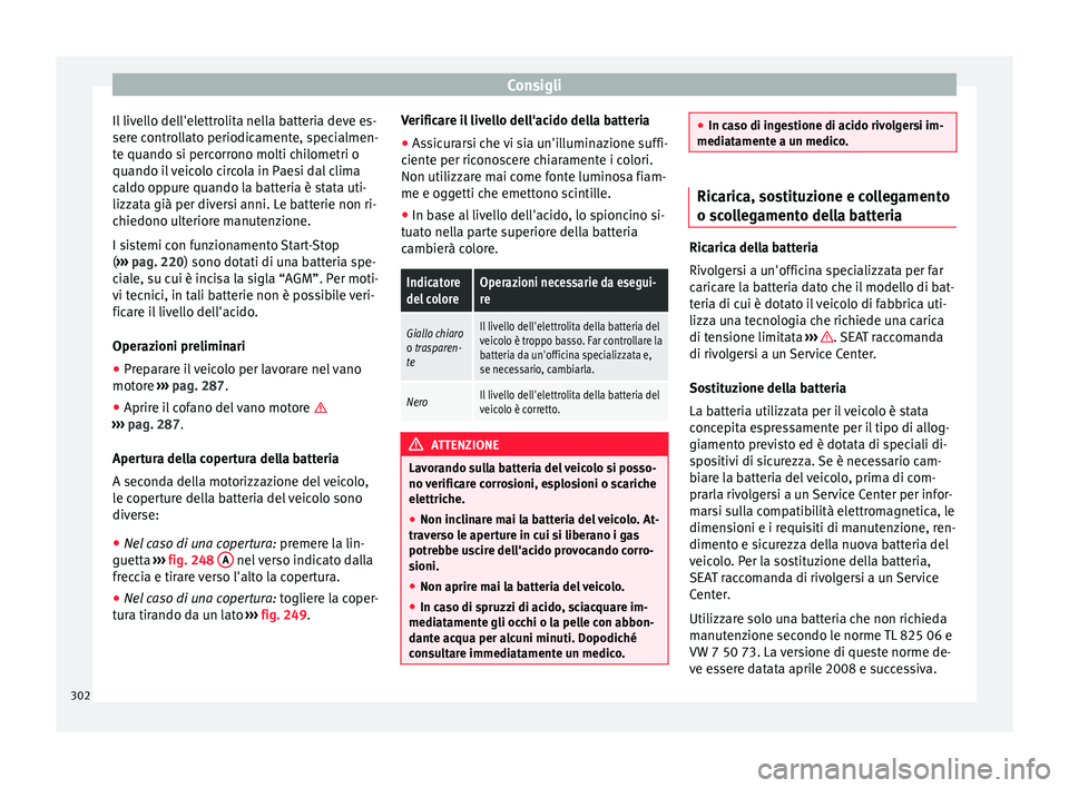 Seat Alhambra 2017 Manuale del proprietario (in Italian) Consigli
Il livello dell'elettrolita nella batteria deve es-
ser e c
ontr
ollato periodicamente, specialmen-
te quando si percorrono molti chilometri o
quando il veicolo circola in Paesi dal clima Seat Alhambra 2017 Manuale del proprietario (in Italian) Consigli
Il livello dell'elettrolita nella batteria deve es-
ser e c
ontr
ollato periodicamente, specialmen-
te quando si percorrono molti chilometri o
quando il veicolo circola in Paesi dal clima