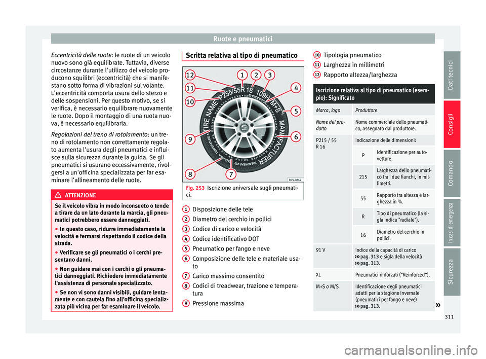 Seat Alhambra 2017 Manuale del proprietario (in Italian) Ruote e pneumatici
Eccentricità delle ruote: l e ruot
e di u n veicolo
nuovo sono già equilibrate. Tuttavia, diverse
circostanze durante l'utilizzo del veicolo pro-
ducono squilibri (eccentricit Seat Alhambra 2017 Manuale del proprietario (in Italian) Ruote e pneumatici
Eccentricità delle ruote: l e ruot
e di u n veicolo
nuovo sono già equilibrate. Tuttavia, diverse
circostanze durante l'utilizzo del veicolo pro-
ducono squilibri (eccentricit