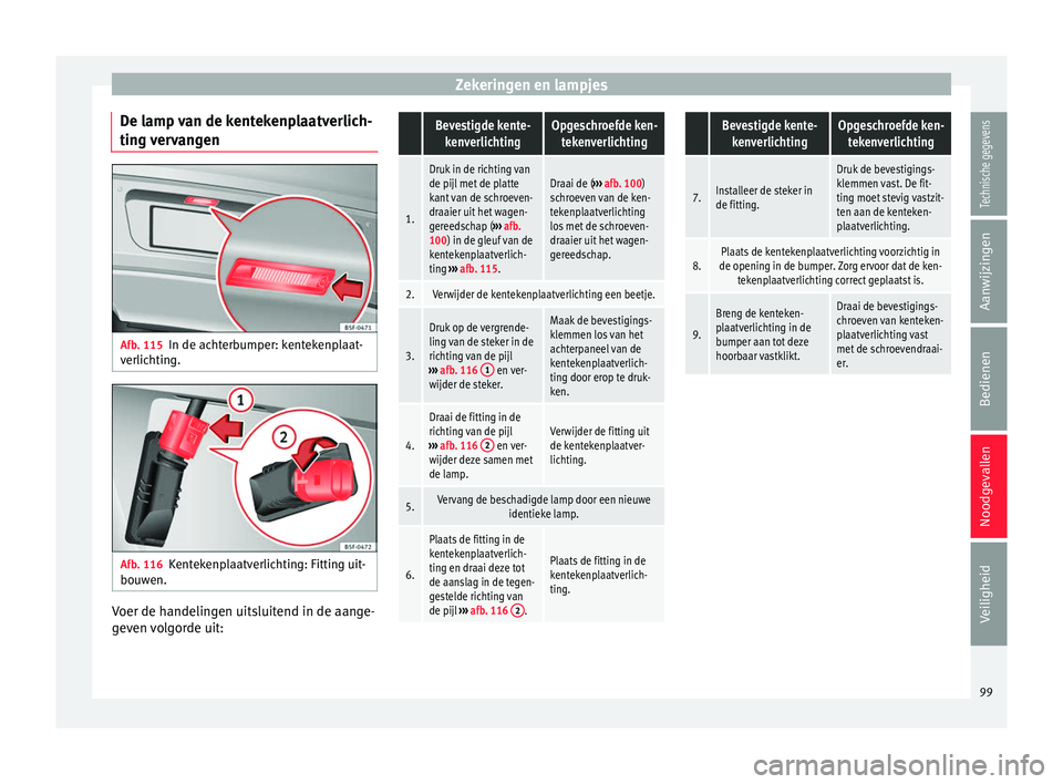 Seat Alhambra 2017 Handleiding (in Dutch) Zekeringen en lampjes
De lamp van de kentekenplaatverlich-
tin g
v
ervangen Afb. 115
In de achterbumper: kentekenplaat-
v erlic
htin
g. Afb. 116
Kentekenplaatverlichting: Fitting uit-
bou w
en. Voer Seat Alhambra 2017 Handleiding (in Dutch) Zekeringen en lampjes
De lamp van de kentekenplaatverlich-
tin g
v
ervangen Afb. 115
In de achterbumper: kentekenplaat-
v erlic
htin
g. Afb. 116
Kentekenplaatverlichting: Fitting uit-
bou w
en. Voer