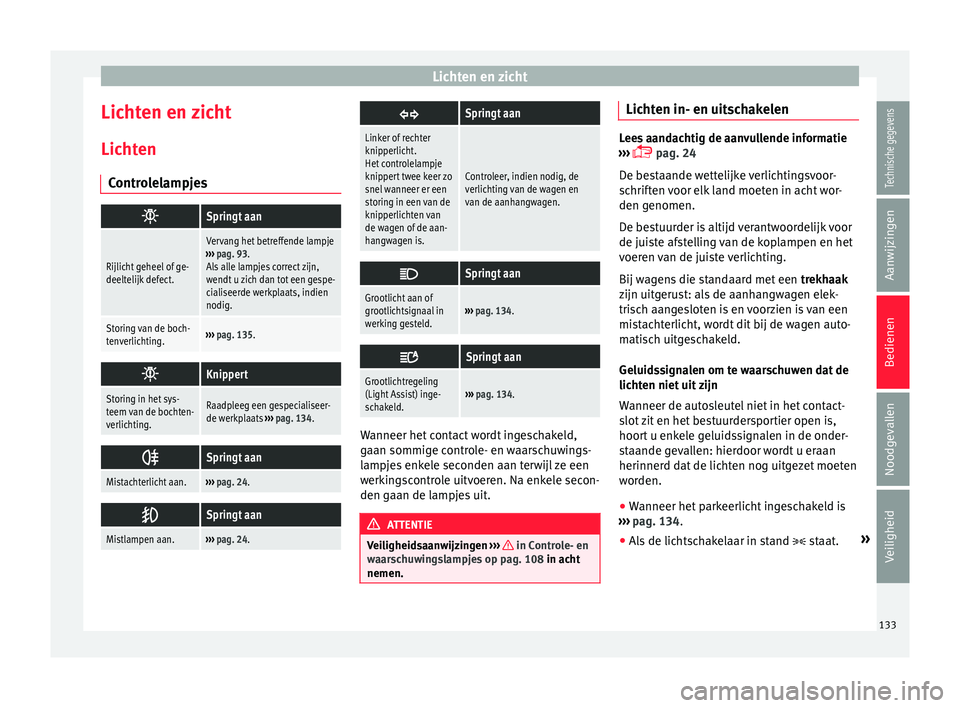 Seat Alhambra 2017 Handleiding (in Dutch) Lichten en zicht
Lichten en zicht
Lic ht
en
C
ontrolelampjes
Springt aan
Rijlicht geheel of ge-
deeltelijk defect.
Vervang het betreffende lampje
››› pag. 93.
Als alle lampjes correct zijn, Seat Alhambra 2017 Handleiding (in Dutch) Lichten en zicht
Lichten en zicht
Lic ht
en
C
ontrolelampjes
Springt aan
Rijlicht geheel of ge-
deeltelijk defect.
Vervang het betreffende lampje
››› pag. 93.
Als alle lampjes correct zijn,
