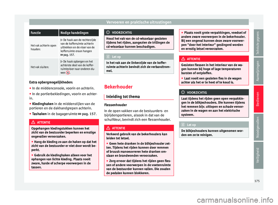 Seat Alhambra 2017 Handleiding (in Dutch) Vervoeren en praktische uitrustingenFunctieNodige handelingen
Het vak achterin open
houden:
De haak aan de rechterzijde
van de kofferruimte achterin
uittrekken en de vloer van de
kofferruimte era Seat Alhambra 2017 Handleiding (in Dutch) Vervoeren en praktische uitrustingenFunctieNodige handelingen
Het vak achterin open
houden:
De haak aan de rechterzijde
van de kofferruimte achterin
uittrekken en de vloer van de
kofferruimte era
