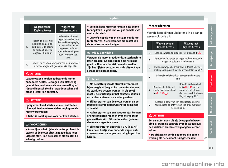 Seat Alhambra 2017 Handleiding (in Dutch) Rijden Wagens zonder
Keyless AccessWagens met
Keyless Access
6.
Indien de motor niet
begint te draaien, on-
derbreekt u de poging en herhaalt u het naongeveer 1 minuut.
Indien de motor niet
begint te Seat Alhambra 2017 Handleiding (in Dutch) Rijden Wagens zonder
Keyless AccessWagens met
Keyless Access
6.
Indien de motor niet
begint te draaien, on-
derbreekt u de poging en herhaalt u het naongeveer 1 minuut.
Indien de motor niet
begint te