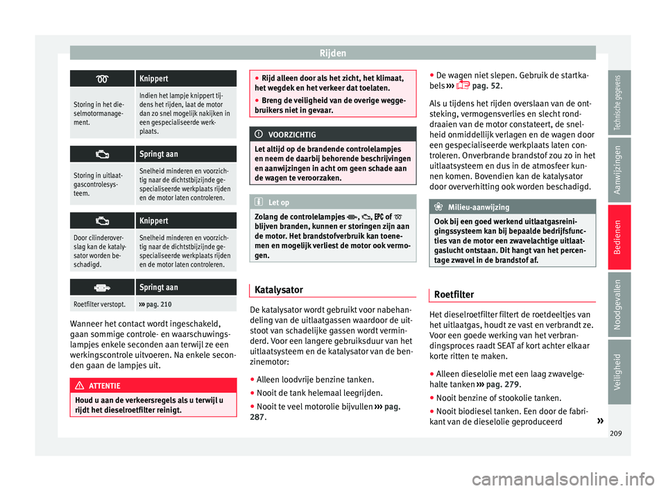 Seat Alhambra 2017 Handleiding (in Dutch) Rijden
Knippert
Storing in het die-
selmotormanage-
ment.Indien het lampje knippert tij-
dens het rijden, laat de motor
dan zo snel mogelijk nakijken in
een gespecialiseerde werk-
plaats.
Sprin Seat Alhambra 2017 Handleiding (in Dutch) Rijden
Knippert
Storing in het die-
selmotormanage-
ment.Indien het lampje knippert tij-
dens het rijden, laat de motor
dan zo snel mogelijk nakijken in
een gespecialiseerde werk-
plaats.
Sprin