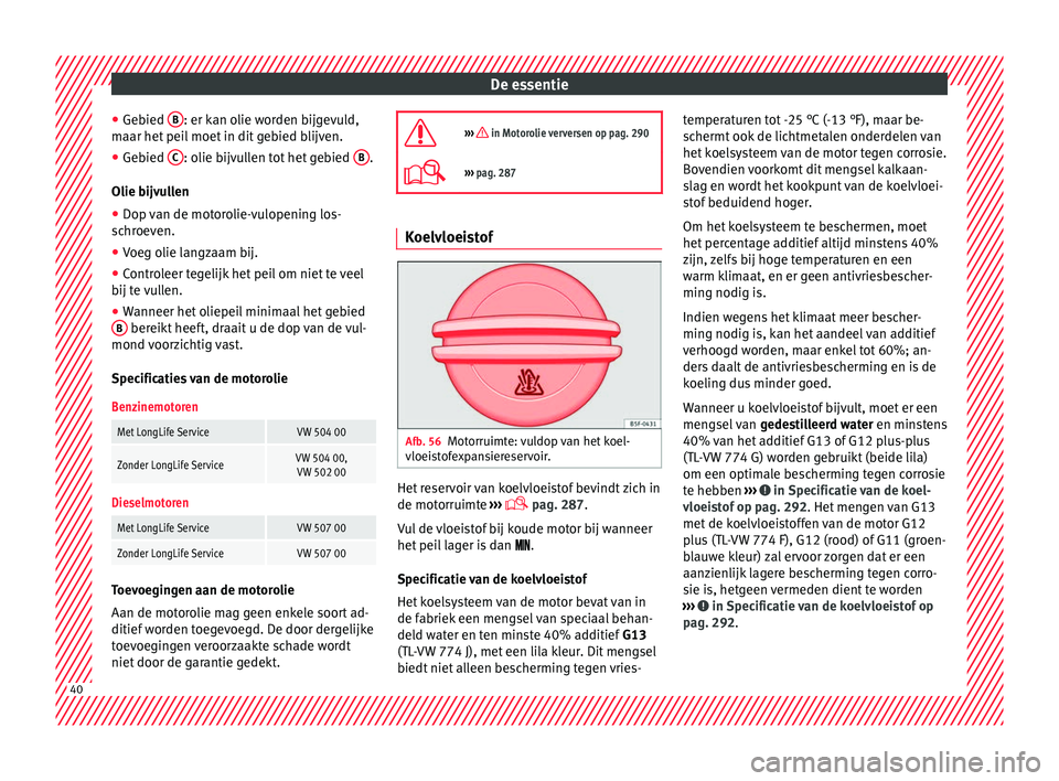 Seat Alhambra 2017 Handleiding (in Dutch) De essentie
● Ge b
ied B : er kan olie worden bijgevuld,
m aar het
pei
l moet in dit gebied blijven.
● Gebied C : olie bijvullen tot het gebied
B .
O lie b
ij
vullen
● Dop van de motorolie- Seat Alhambra 2017 Handleiding (in Dutch) De essentie
● Ge b
ied B : er kan olie worden bijgevuld,
m aar het
pei
l moet in dit gebied blijven.
● Gebied C : olie bijvullen tot het gebied
B .
O lie b
ij
vullen
● Dop van de motorolie-