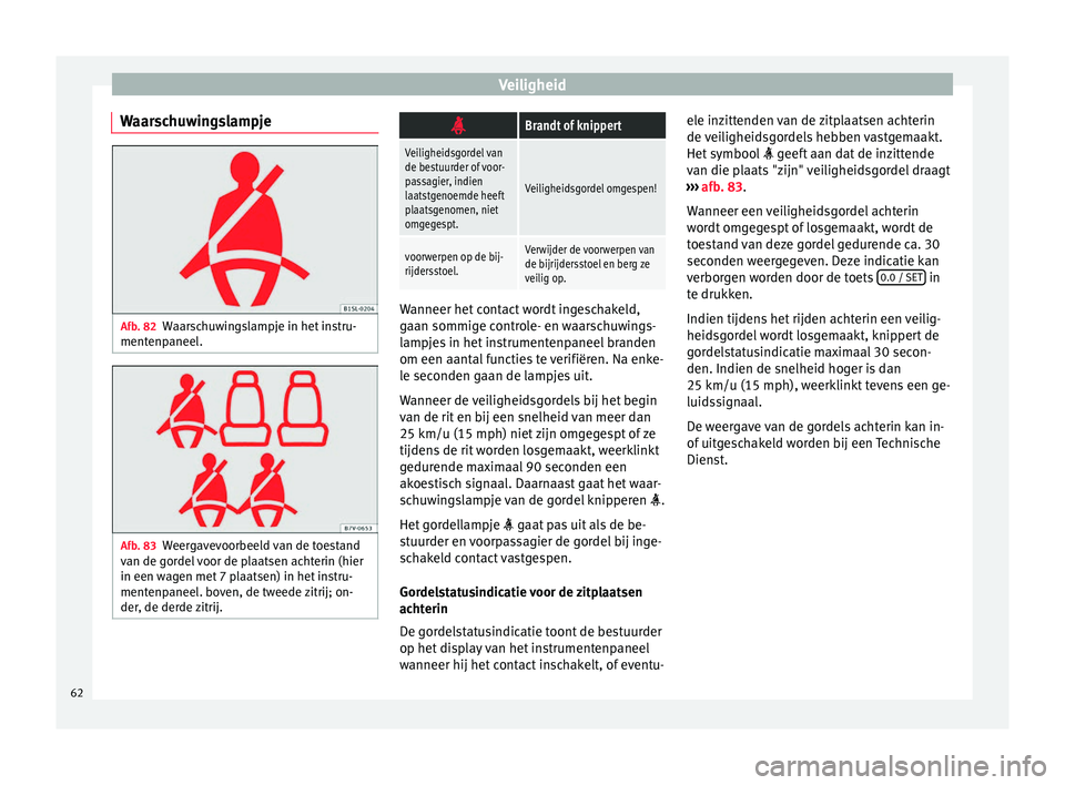 Seat Alhambra 2017 Handleiding (in Dutch) Veiligheid
Waarschuwingslampje Afb. 82
Waarschuwingslampje in het instru-
ment enp
aneel
. Afb. 83
Weergavevoorbeeld van de toestand
v an de g or
del voor de plaatsen achterin (hier
in een wagen met Seat Alhambra 2017 Handleiding (in Dutch) Veiligheid
Waarschuwingslampje Afb. 82
Waarschuwingslampje in het instru-
ment enp
aneel
. Afb. 83
Weergavevoorbeeld van de toestand
v an de g or
del voor de plaatsen achterin (hier
in een wagen met