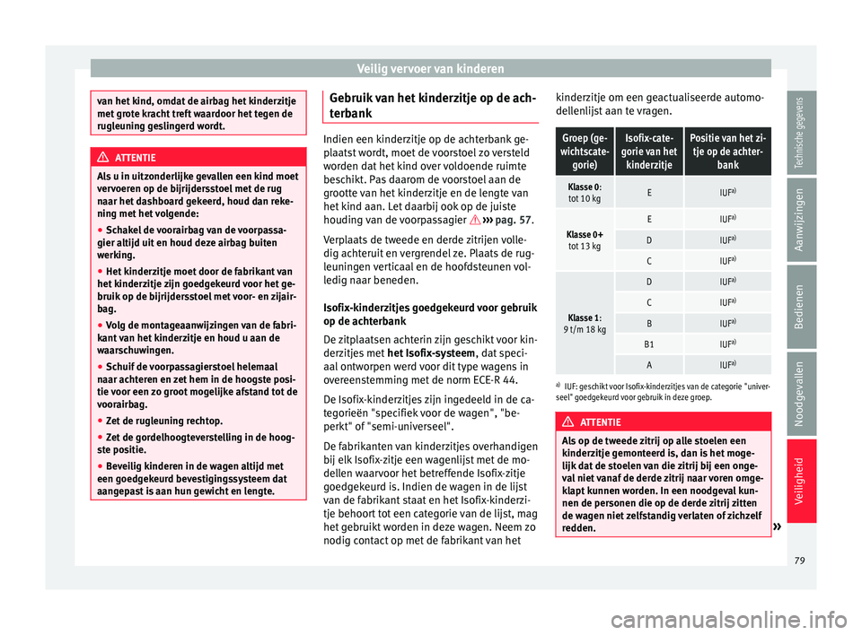 Seat Alhambra 2017  Handleiding (in Dutch) Veilig vervoer van kinderen
van het kind, omdat de airbag het kinderzitje
met gr
ot
e kracht treft waardoor het tegen de
rugleuning geslingerd wordt. ATTENTIE
Als u in uitzonderlijke gevallen een kind