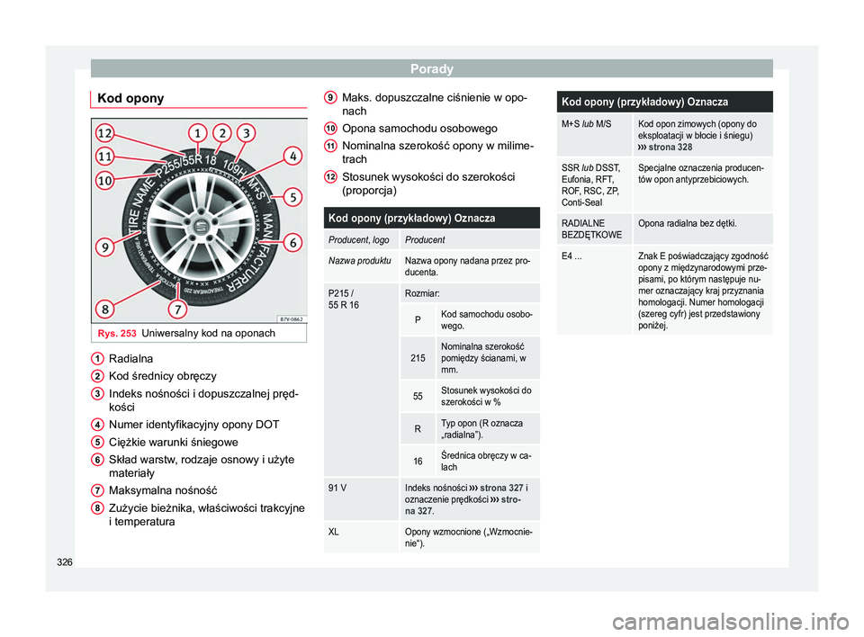Seat Alhambra 2017  Instrukcja Obsługi (in Polish) Porady
Kod opony Rys. 253
Uniwersalny kod na oponach Radialna
Kod średnicy obręczy
Indeks nośności i dopuszczalnej pręd-
kości
Numer identyfikacyjny opony DOT
Ciężkie warunki śniegowe
Skład 