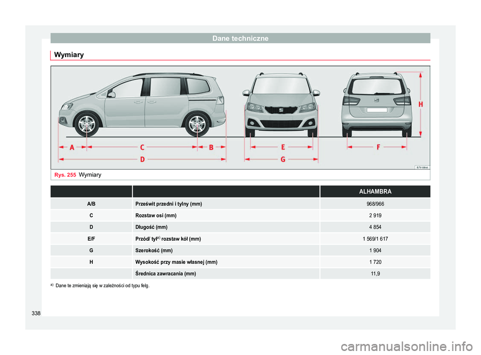 Seat Alhambra 2017  Instrukcja Obsługi (in Polish) Dane techniczne
Wymiary Rys. 255
Wymiary  ALHAMBRA
A/BPrześwit przedni i tylny (mm)968/966
CRozstaw osi (mm)2 919
DDługość (mm)4 854
E/FPrzód/ tyła)
 rozstaw kół (mm)1 569/1 617
GSzerokość (