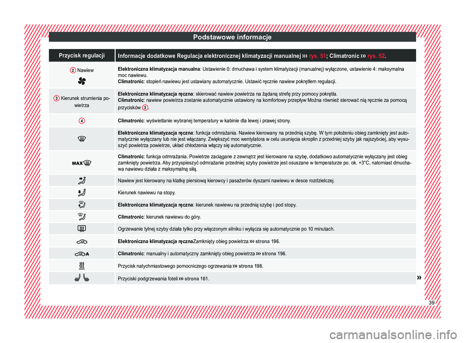 Seat Alhambra 2017  Instrukcja Obsługi (in Polish) Podstawowe informacjePrzycisk regulacjiInformacje dodatkowe Regulacja elektronicznej klimatyzacji manualnej 
››› rys. 51; Climatronic  ››› rys. 52 .
2 Nawiew

Elektroniczna klimatyzacja