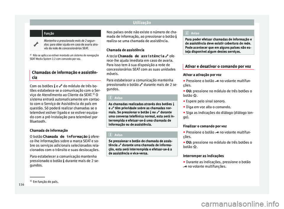 Seat Alhambra 2017 Manual do proprietário (in Portuguese) Utilização Função
Mantenha-o pressionado mais de 2 segun-
dos: para obter ajuda em caso de avaria atra-
vés da rede de concessionários SEAT.
a)
Não se aplica se estiver montado um sistema d Seat Alhambra 2017 Manual do proprietário (in Portuguese) Utilização Função
Mantenha-o pressionado mais de 2 segun-
dos: para obter ajuda em caso de avaria atra-
vés da rede de concessionários SEAT.
a)
Não se aplica se estiver montado um sistema d