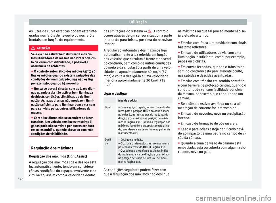 Seat Alhambra 2017 Manual do proprietário (in Portuguese) Utilização
As luzes de curva estáticas podem estar inte-
gr a
d
as nos faróis de nevoeiro ou nos faróis
frontais, em função do equipamento. ATENÇÃO
Se a via não estiver bem iluminada e os ou Seat Alhambra 2017 Manual do proprietário (in Portuguese) Utilização
As luzes de curva estáticas podem estar inte-
gr a
d
as nos faróis de nevoeiro ou nos faróis
frontais, em função do equipamento. ATENÇÃO
Se a via não estiver bem iluminada e os ou