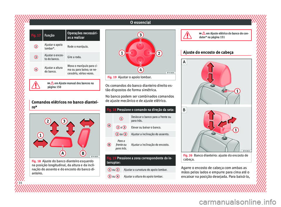 Seat Alhambra 2017 Manual do proprietário (in Portuguese) O essencialFig. 17FunçãoOperações necessári-
as a realizar
2Ajustar o apoio
lombar*.Rode o manípulo.
3Ajustar o encos-
to do banco.Gire a roda.
4Ajustar a altura
do banco.Mova o manípulo para c Seat Alhambra 2017 Manual do proprietário (in Portuguese) O essencialFig. 17FunçãoOperações necessári-
as a realizar
2Ajustar o apoio
lombar*.Rode o manípulo.
3Ajustar o encos-
to do banco.Gire a roda.
4Ajustar a altura
do banco.Mova o manípulo para c