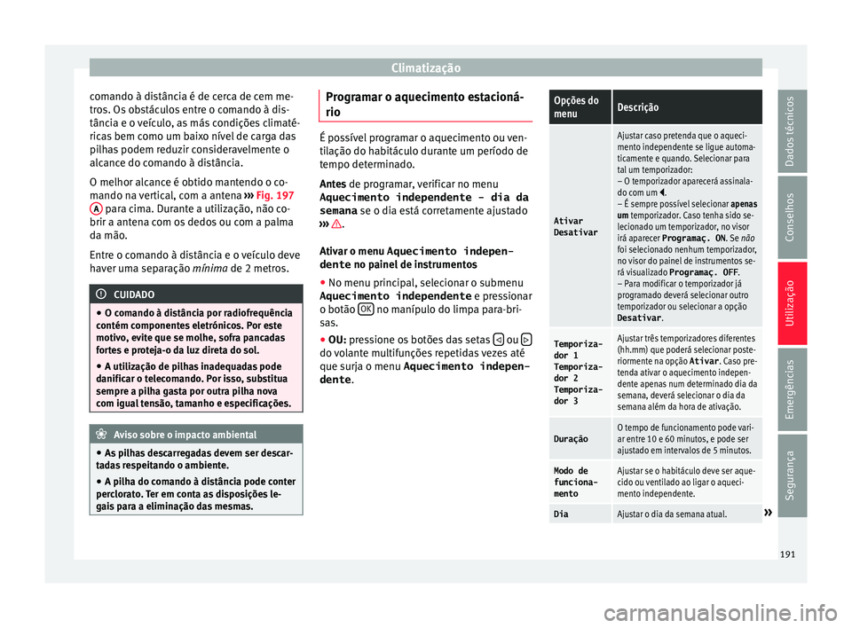 Seat Alhambra 2017 Manual do proprietário (in Portuguese) Climatização
comando à distância é de cerca de cem me-
tr o
s. Os
obstáculos entre o comando à dis-
tância e o veículo, as más condições climaté-
ricas bem como um baixo nível de carga Seat Alhambra 2017 Manual do proprietário (in Portuguese) Climatização
comando à distância é de cerca de cem me-
tr o
s. Os
obstáculos entre o comando à dis-
tância e o veículo, as más condições climaté-
ricas bem como um baixo nível de carga