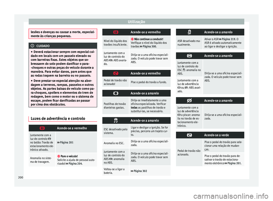 Seat Alhambra 2017  Manual do proprietário (in Portuguese)  Utilização
lesões e doenças ou causar a morte, especial-
mente às
 c
rianças pequenas. CUIDADO
● Dev erá e

stacionar sempre com especial cui-
dado em locais com um passeio elevado ou
com bar