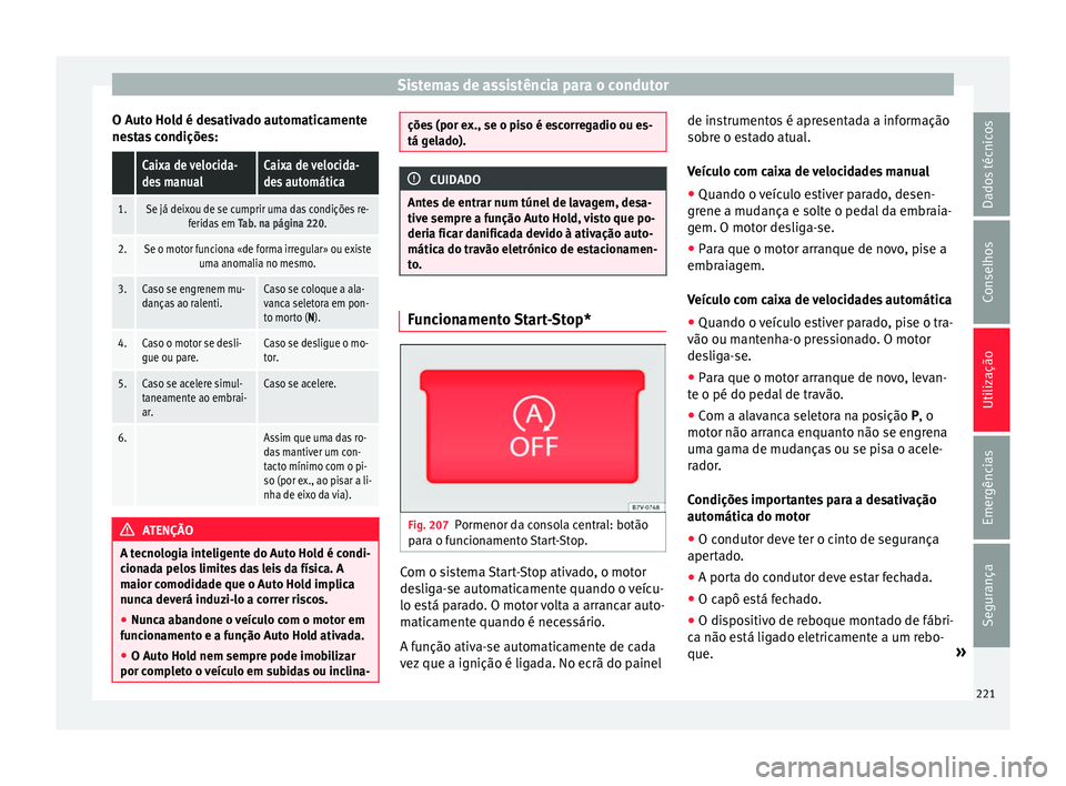 Seat Alhambra 2017  Manual do proprietário (in Portuguese)  Sistemas de assistência para o condutor
O Auto Hold é desativado automaticamente
ne s
t
as condições:
 Caixa de velocida-
des manualCaixa de velocida-
des automática
1.Se já deixou de se cumprir