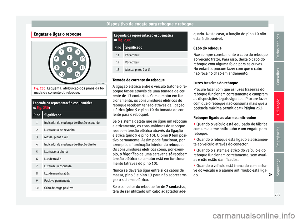 Seat Alhambra 2017  Manual do proprietário (in Portuguese)  Dispositivo de engate para reboque e reboque
Engatar e ligar o reboque Fig. 230
Esquema: atribuição dos pinos da to-
mad
a de corrente do reboque.
Legenda da representação esquemática
›››  