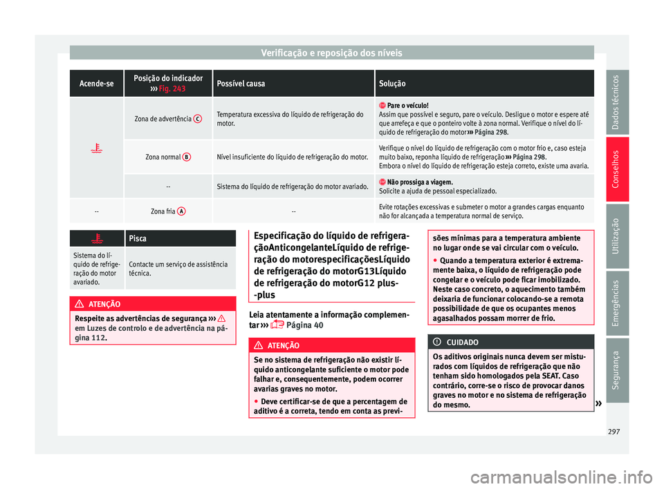 Seat Alhambra 2017  Manual do proprietário (in Portuguese)  Verificação e reposição dos níveisAcende-sePosição do indicador
››› Fig. 243Possível causaSolução 
Zona de advertência 
CTemperatura excessiva do líquido de refrigeração do
moto