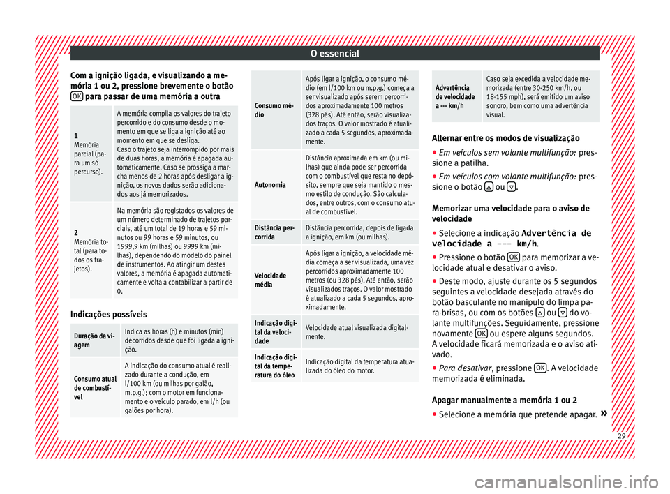 Seat Alhambra 2017 Manual do proprietário (in Portuguese) O essencial
Com a ignição ligada, e visualizando a me-
móri a 1 ou 2, pr
e
ssione brevemente o botão
OK para passar de uma memória a outra
1
Memória
parcial (pa-
ra um só
percurso).
A memória Seat Alhambra 2017 Manual do proprietário (in Portuguese) O essencial
Com a ignição ligada, e visualizando a me-
móri a 1 ou 2, pr
e
ssione brevemente o botão
OK para passar de uma memória a outra
1
Memória
parcial (pa-
ra um só
percurso).
A memória