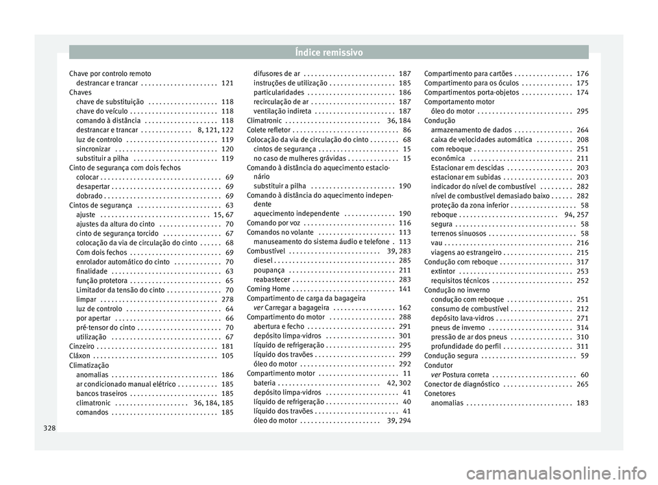 Seat Alhambra 2017 Manual do proprietário (in Portuguese) Índice remissivo
Chave por controlo remoto de s
tr
ancar e trancar . . . . . . . . . . . . . . . . . . . . . 121
Chaves chave de substituição . . . . . . . . . . . . . . . . . . . 118
chave do ve Seat Alhambra 2017 Manual do proprietário (in Portuguese) Índice remissivo
Chave por controlo remoto de s
tr
ancar e trancar . . . . . . . . . . . . . . . . . . . . . 121
Chaves chave de substituição . . . . . . . . . . . . . . . . . . . 118
chave do ve