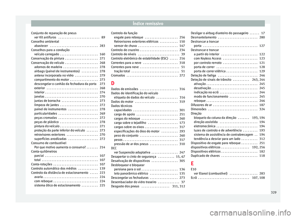 Seat Alhambra 2017 Manual do proprietário (in Portuguese) Índice remissivo
Conjunto de reparação de pneus ver
Kit
antifuros . . . . . . . . . . . . . . . . . . . . . . . . . 89
Conselho ambiental abastecer . . . . . . . . . . . . . . . . . . . . . . . Seat Alhambra 2017 Manual do proprietário (in Portuguese) Índice remissivo
Conjunto de reparação de pneus ver
Kit
antifuros . . . . . . . . . . . . . . . . . . . . . . . . . 89
Conselho ambiental abastecer . . . . . . . . . . . . . . . . . . . . . . .