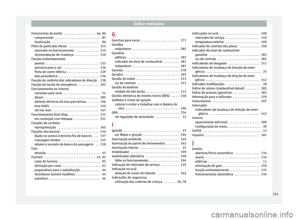 Seat Alhambra 2017 Manual do proprietário (in Portuguese) Índice remissivo
Ferramentas de bordo . . . . . . . . . . . . . . . . . . . 46, 86 component
e
s . . . . . . . . . . . . . . . . . . . . . . . . . . . 87
localização . . . . . . . . . . . . . . Seat Alhambra 2017 Manual do proprietário (in Portuguese) Índice remissivo
Ferramentas de bordo . . . . . . . . . . . . . . . . . . . 46, 86 component
e
s . . . . . . . . . . . . . . . . . . . . . . . . . . . 87
localização . . . . . . . . . . . . . .