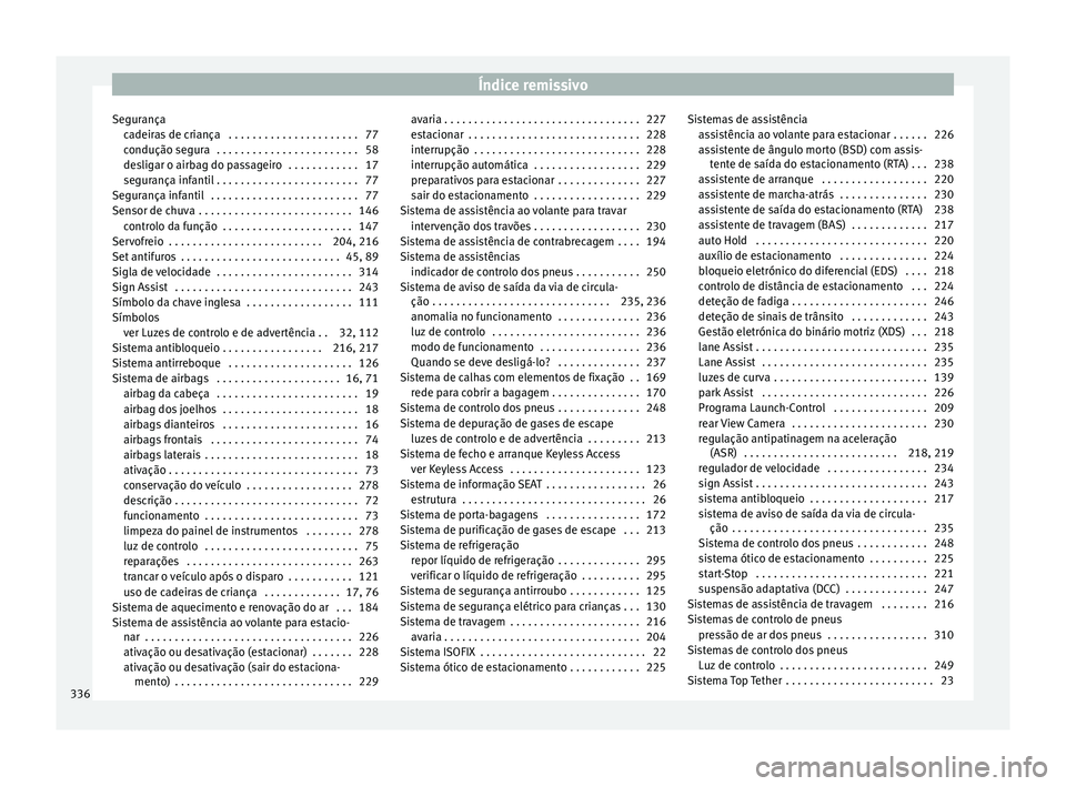Seat Alhambra 2017 Manual do proprietário (in Portuguese) Índice remissivo
Segurança ca
deir
as de criança . . . . . . . . . . . . . . . . . . . . . . 77
condução segura . . . . . . . . . . . . . . . . . . . . . . . . 58
desligar o airbag do passageir Seat Alhambra 2017 Manual do proprietário (in Portuguese) Índice remissivo
Segurança ca
deir
as de criança . . . . . . . . . . . . . . . . . . . . . . 77
condução segura . . . . . . . . . . . . . . . . . . . . . . . . 58
desligar o airbag do passageir