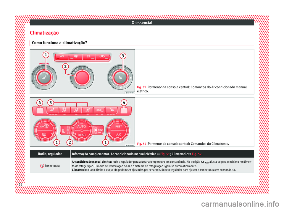 Seat Alhambra 2017 Manual do proprietário (in Portuguese) O essencial
Climatização C omo f
u
nciona a climatização? Fig. 51
Pormenor da consola central: Comandos do Ar condicionado manual
elétrico . Fig. 52
Pormenor da consola central: Comandos do Clima Seat Alhambra 2017 Manual do proprietário (in Portuguese) O essencial
Climatização C omo f
u
nciona a climatização? Fig. 51
Pormenor da consola central: Comandos do Ar condicionado manual
elétrico . Fig. 52
Pormenor da consola central: Comandos do Clima