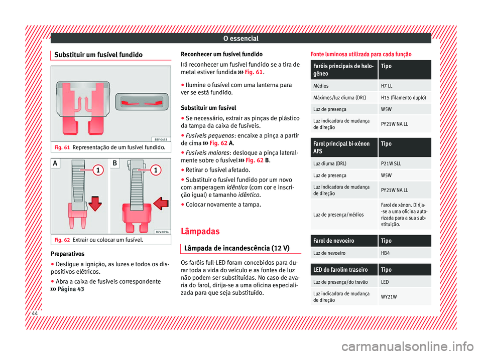 Seat Alhambra 2017 Manual do proprietário (in Portuguese) O essencial
Substituir um fusível fundido Fig. 61
Representação de um fusível fundido. Fig. 62
Extrair ou colocar um fusível. Preparativos
● Desligue a ignição, as luzes e todos os dis-
po s
Seat Alhambra 2017 Manual do proprietário (in Portuguese) O essencial
Substituir um fusível fundido Fig. 61
Representação de um fusível fundido. Fig. 62
Extrair ou colocar um fusível. Preparativos
● Desligue a ignição, as luzes e todos os dis-
po s