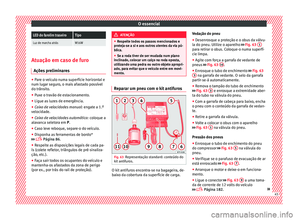 Seat Alhambra 2017 Manual do proprietário (in Portuguese) O essencialLED do farolim traseiroTipo
Luz de marcha atrásW16W
Atuação em caso de furo
Ações pr
eliminares●
Pare o veículo numa superfície horizontal e
num lugar se gur
o, o mais afastado Seat Alhambra 2017 Manual do proprietário (in Portuguese) O essencialLED do farolim traseiroTipo
Luz de marcha atrásW16W
Atuação em caso de furo
Ações pr
eliminares●
Pare o veículo numa superfície horizontal e
num lugar se gur
o, o mais afastado