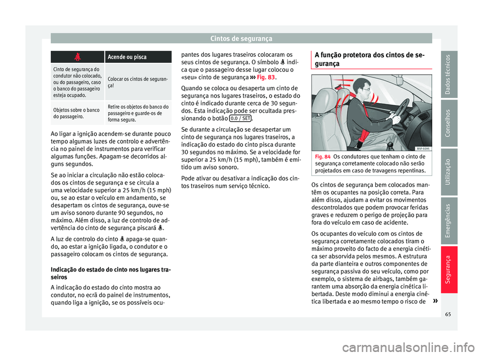 Seat Alhambra 2017 Manual do proprietário (in Portuguese) Cintos de segurança
Acende ou pisca
Cinto de segurança do
condutor não colocado,
ou do passageiro, caso
o banco do passageiro
esteja ocupado.
Colocar os cintos de seguran-
ça!
Objetos sobre o b Seat Alhambra 2017 Manual do proprietário (in Portuguese) Cintos de segurança
Acende ou pisca
Cinto de segurança do
condutor não colocado,
ou do passageiro, caso
o banco do passageiro
esteja ocupado.
Colocar os cintos de seguran-
ça!
Objetos sobre o b