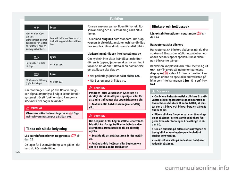 Seat Alhambra 2017 Ägarmanual (in Swedish) Funktion
Lyser
Vänster eller höger
blinkers.
Signallampan blinkar
dubbelt så fort vid fel
på fordonets eller en
släpvagns blinkers.
Kontrollera fordonets och even-
tuell släpvagns blinkers vi Seat Alhambra 2017 Ägarmanual (in Swedish) Funktion
Lyser
Vänster eller höger
blinkers.
Signallampan blinkar
dubbelt så fort vid fel
på fordonets eller en
släpvagns blinkers.
Kontrollera fordonets och even-
tuell släpvagns blinkers vi