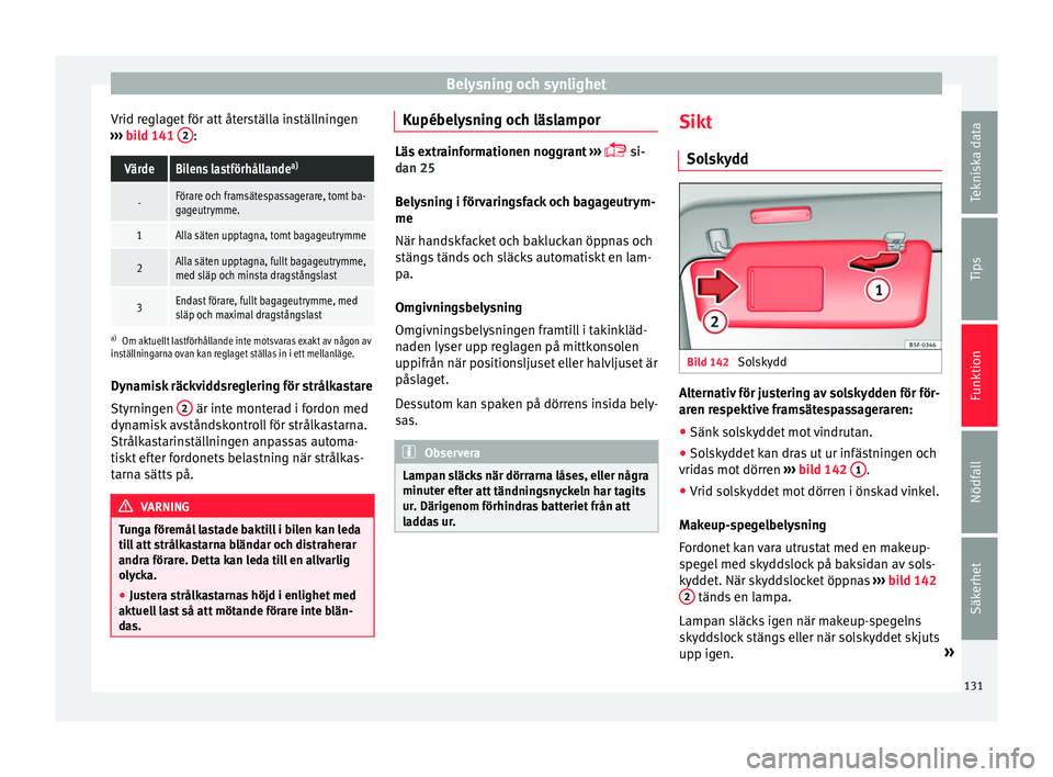 Seat Alhambra 2017 Ägarmanual (in Swedish) Belysning och synlighet
Vrid reglaget för att återställa inställningen
› ›
›
bild 141 2 :
VärdeBilens lastförhållande
a)
-Förare och framsätespassagerare, tomt ba-
gageutrymme.
1Alla Seat Alhambra 2017 Ägarmanual (in Swedish) Belysning och synlighet
Vrid reglaget för att återställa inställningen
› ›
›
bild 141 2 :
VärdeBilens lastförhållande
a)
-Förare och framsätespassagerare, tomt ba-
gageutrymme.
1Alla