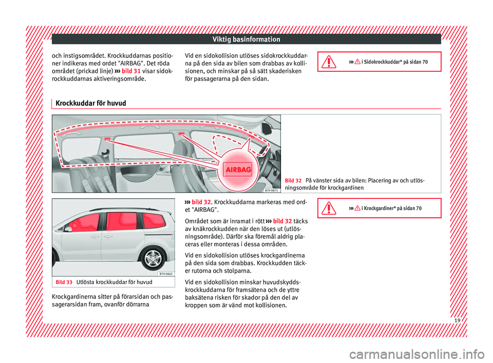 Seat Alhambra 2017  Ägarmanual (in Swedish) Viktig basinformation
och instigsområdet. Krockkuddarnas positio-
ner indik er
a
s med ordet "AIRBAG". Det röda
området (prickad linje)  ››› bild 31 visar sidok-
rockkuddarnas aktiver