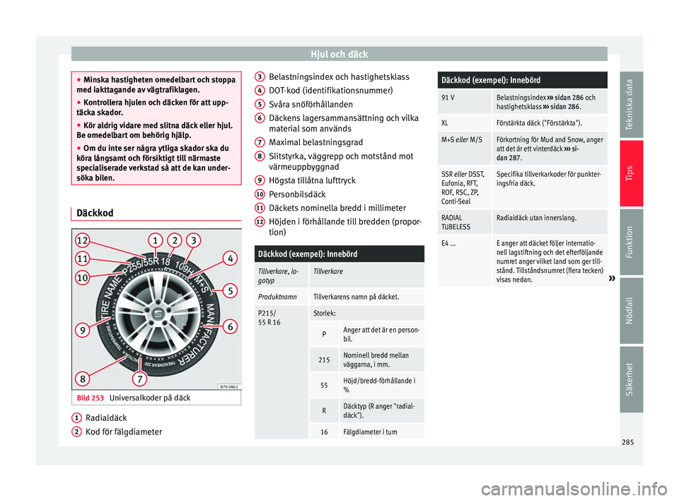 Seat Alhambra 2017 Ägarmanual (in Swedish) Hjul och däck
●
Minsk a h
astigheten omedelbart och stoppa
med iakttagande av vägtrafiklagen.
● Kontrollera hjulen och däcken för att upp-
täcka sk
ador.
● Kör aldrig vidare med slitna d Seat Alhambra 2017 Ägarmanual (in Swedish) Hjul och däck
●
Minsk a h
astigheten omedelbart och stoppa
med iakttagande av vägtrafiklagen.
● Kontrollera hjulen och däcken för att upp-
täcka sk
ador.
● Kör aldrig vidare med slitna d