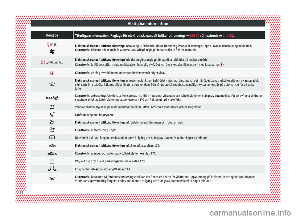 Seat Alhambra 2017  Ägarmanual (in Swedish) Viktig basinformationReglageYtterligare information. Reglage för elektronisk manuell luftkonditionering 
››› bild 51; Climatronic  ››› bild 52.
2 Fläkt

Elektronisk manuell luftkondit