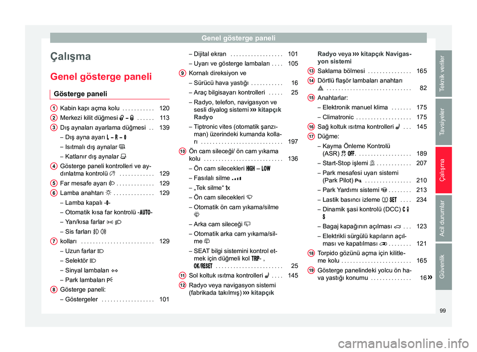 Seat Alhambra 2017  Kullanım Kılavuzu (in Turkish) Genel gösterge paneli
Çalışma
Genel gösterge paneli Gösterge paneli Kabin kapı açma kolu
 . . . . . . . . . . .120
Merkezi kilit düğmesi     . . . . . .113
Dış aynaları ayarlama 