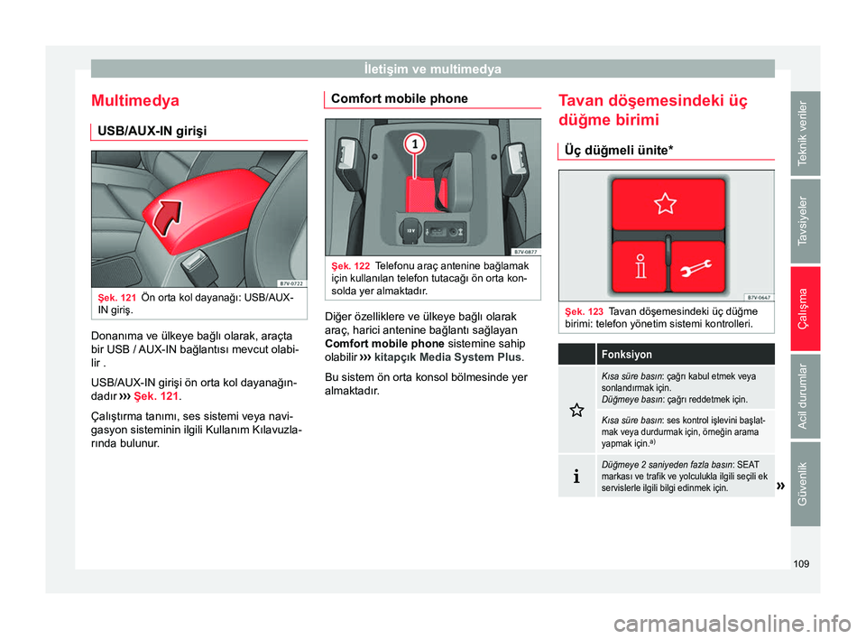 Seat Alhambra 2017 Kullanım Kılavuzu (in Turkish) İletişim ve multimedya
Multimedya USB/AUX-IN girişi Şek. 121
Ön orta kol dayanağı: USB/AUX-
IN giriş. Donanıma ve ülkeye bağlı olarak, araçta
bir USB / AUX-IN bağlantısı mevcut olabi-
Seat Alhambra 2017 Kullanım Kılavuzu (in Turkish) İletişim ve multimedya
Multimedya USB/AUX-IN girişi Şek. 121
Ön orta kol dayanağı: USB/AUX-
IN giriş. Donanıma ve ülkeye bağlı olarak, araçta
bir USB / AUX-IN bağlantısı mevcut olabi-