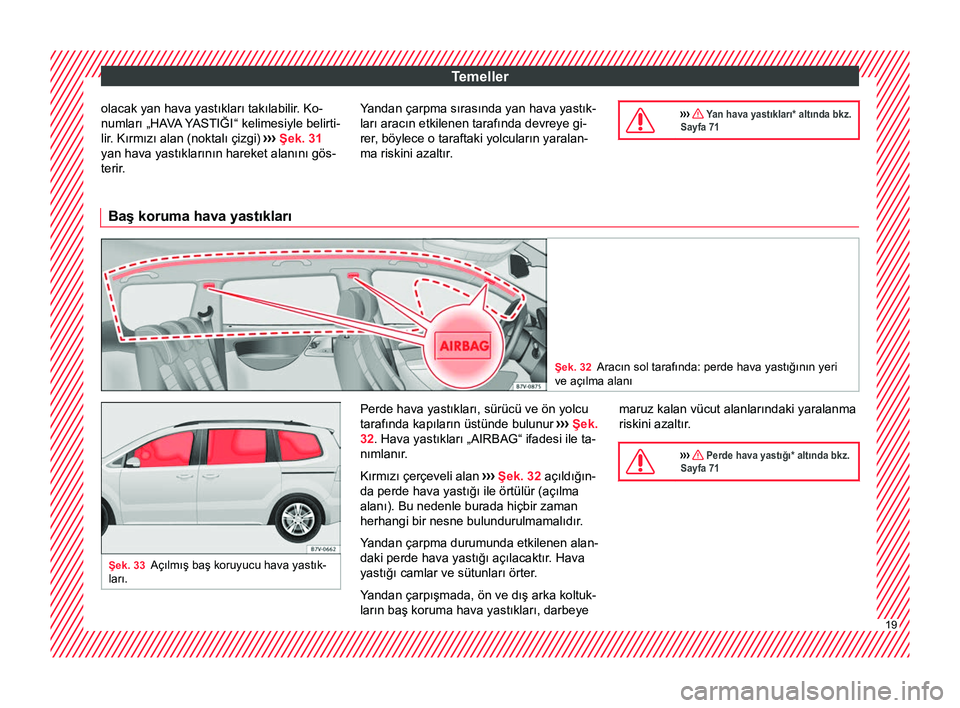 Seat Alhambra 2017  Kullanım Kılavuzu (in Turkish) Temeller
olacak yan hava yastıkları takılabilir. Ko-
numları „HAV A
 YASTIĞI “ kelimesiyle belirti-
lir. Kırmızı alan (noktalı çizgi)  ››› Şek. 31
yan hava yastıklarının hareke