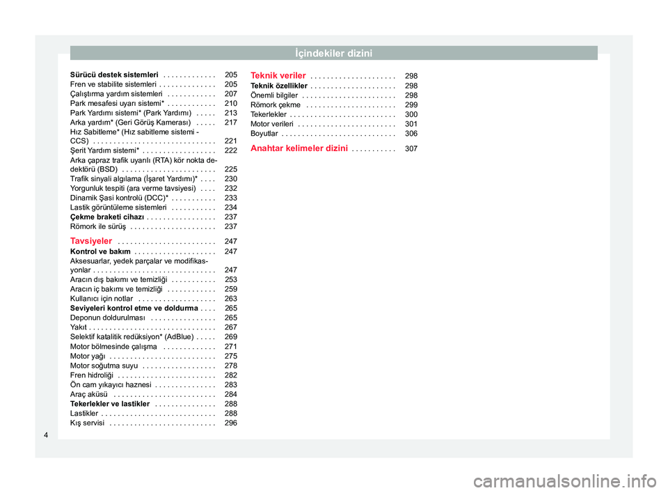 Seat Alhambra 2017  Kullanım Kılavuzu (in Turkish) İçindekiler dizini
Sürücü destek sistemleri  . . . . . . . . . . . . . 205
Fren ve stabilite sistemleri  . . . . . . . . . . . . . . 205
Çalıştırma yardım sistemleri  . . . . . . . . . . . .
