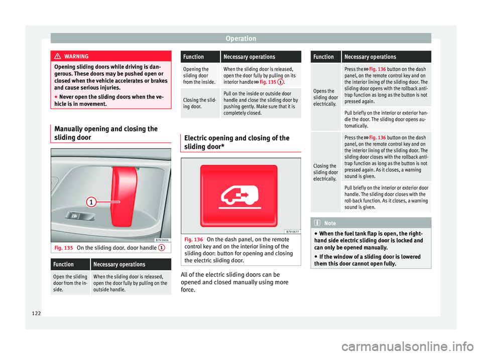 Seat Alhambra 2016 Owners Manual Operation
WARNING
Opening sliding doors while driving is dan-
ger ou
s. These doors may be pushed open or
closed when the vehicle accelerates or brakes
and cause serious injuries.
● Never open the s Seat Alhambra 2016 Owners Manual Operation
WARNING
Opening sliding doors while driving is dan-
ger ou
s. These doors may be pushed open or
closed when the vehicle accelerates or brakes
and cause serious injuries.
● Never open the s