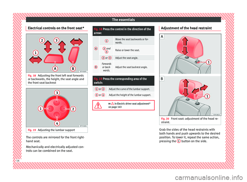 Seat Alhambra 2016  Owners Manual The essentials
Electrical controls on the front seat* Fig. 18 
Adjusting the front left seat forwards
or b ac
k
wards, the height, the seat angle and
the front seat backrest Fig. 19 
Adjusting the lum