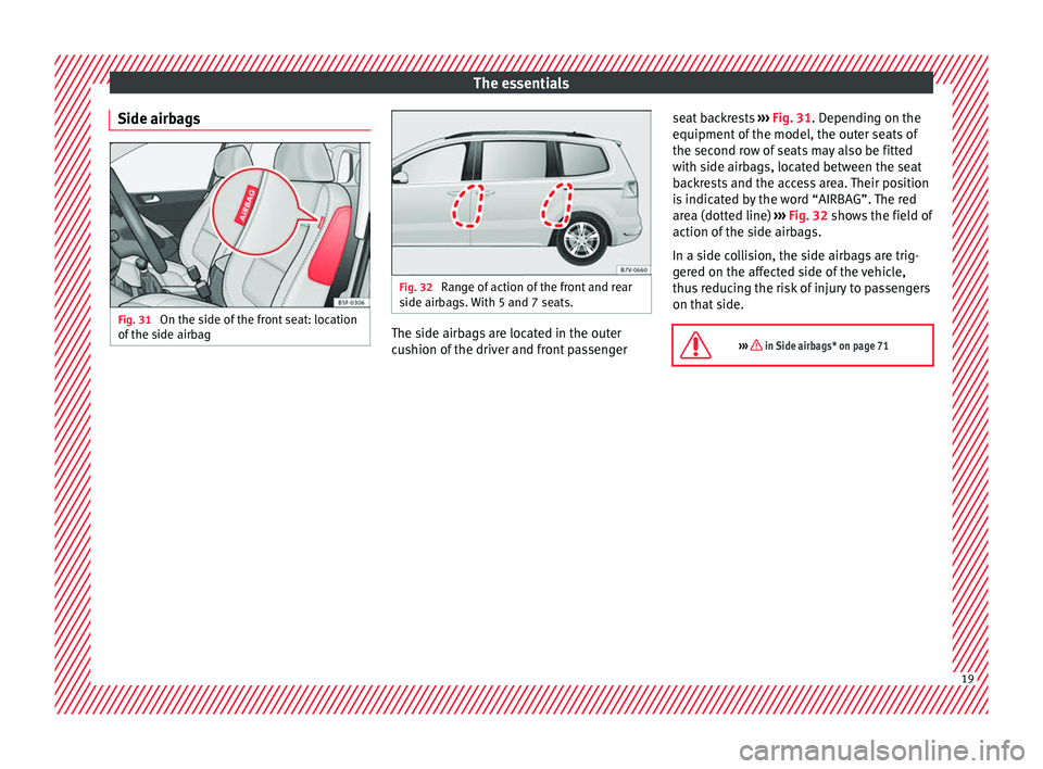 Seat Alhambra 2016  Owners Manual The essentials
Side airbags Fig. 31 
On the side of the front seat: location
of  the s
ide airb
ag Fig. 32 
Range of action of the front and rear
side airb ag

s. With 5 and 7 seats. The side airbags 