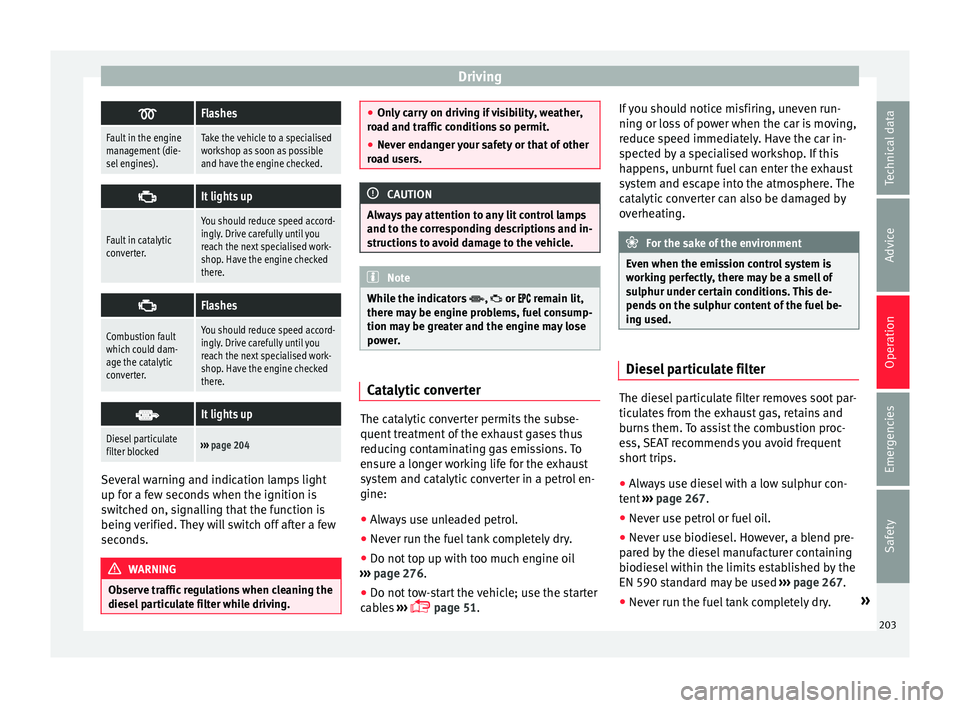 Seat Alhambra 2016 Owners Manual Driving
Flashes
Fault in the engine
management (die-
sel engines).Take the vehicle to a specialised
workshop as soon as possible
and have the engine checked.
It lights up
Fault in catalytic
con Seat Alhambra 2016 Owners Manual Driving
Flashes
Fault in the engine
management (die-
sel engines).Take the vehicle to a specialised
workshop as soon as possible
and have the engine checked.
It lights up
Fault in catalytic
con