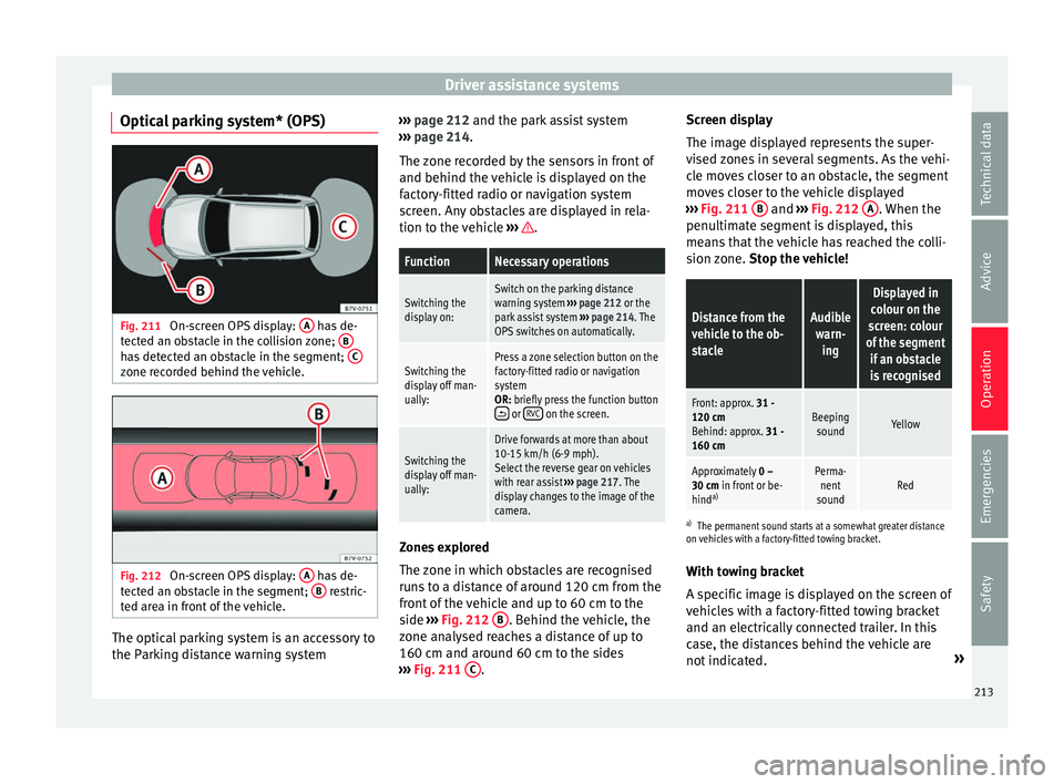 Seat Alhambra 2016 Owners Manual Driver assistance systems
Optical parking system* (OPS) Fig. 211
On-screen OPS display: A has de-
t ect
ed an o
bstacle in the collision zone; Bhas detected an obstacle in the segment;
Czone reco Seat Alhambra 2016 Owners Manual Driver assistance systems
Optical parking system* (OPS) Fig. 211
On-screen OPS display: A has de-
t ect
ed an o
bstacle in the collision zone; Bhas detected an obstacle in the segment;
Czone reco