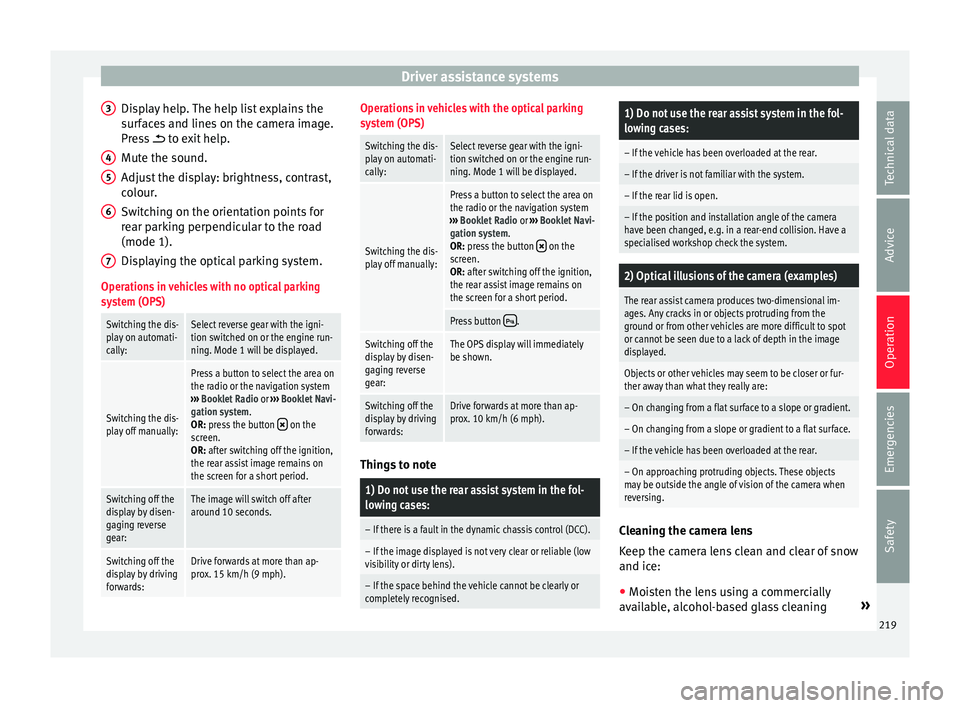 Seat Alhambra 2016 Owners Manual Driver assistance systems
Display help. The help list explains the
s ur
f
aces and lines on the camera image.
Press to exit help.
Mute the sound.
Adjust the display: brightness, contrast,
colour. Seat Alhambra 2016 Owners Manual Driver assistance systems
Display help. The help list explains the
s ur
f
aces and lines on the camera image.
Press to exit help.
Mute the sound.
Adjust the display: brightness, contrast,
colour.