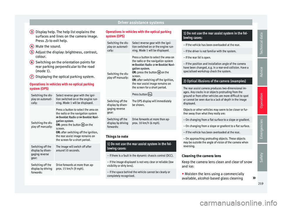 Seat Alhambra 2016  Owners Manual Driver assistance systems
Display help. The help list explains the
s ur
f
aces and lines on the camera image.
Press   to exit help.
Mute the sound.
Adjust the display: brightness, contrast,
colour.