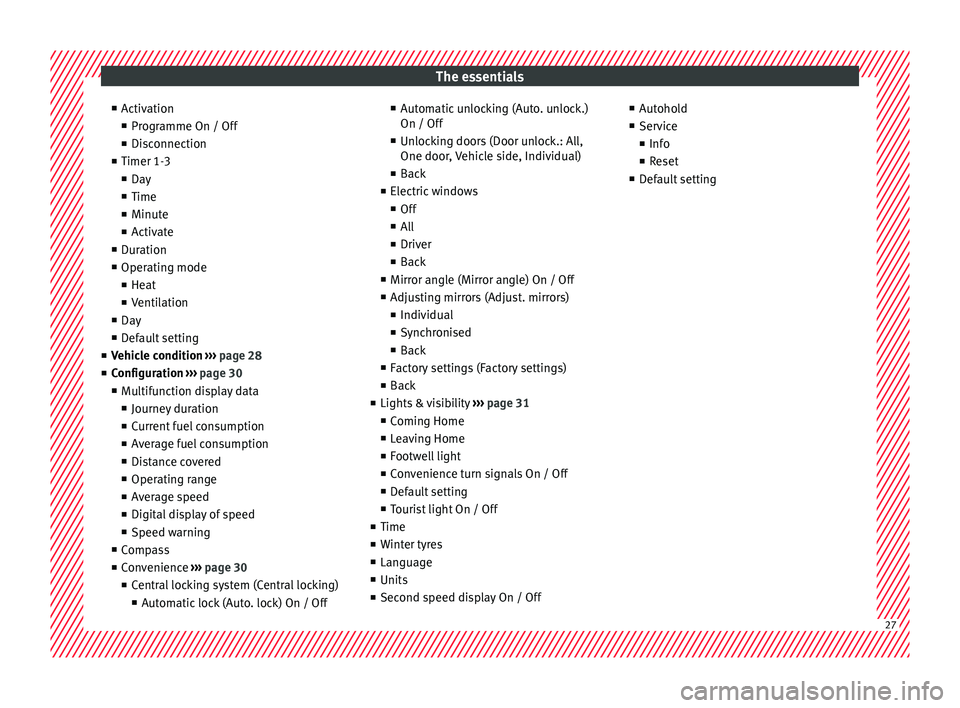 Seat Alhambra 2016  Owners Manual The essentials
■ Activ
ation
■ Pr
ogramme On / Off
■ Disconnection
■ Timer 1-3
■ Day
■ Time
■ Minute
■ Activate
■ Duration
■ Operating mode
■ Heat
■ Ventilation
■ Day
■ Def